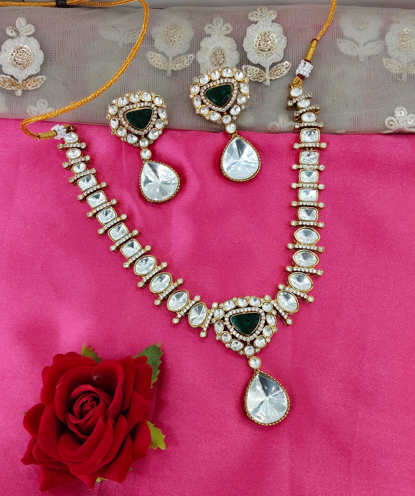 Green Moissanite Kundan Necklace Jewellery Maya Set