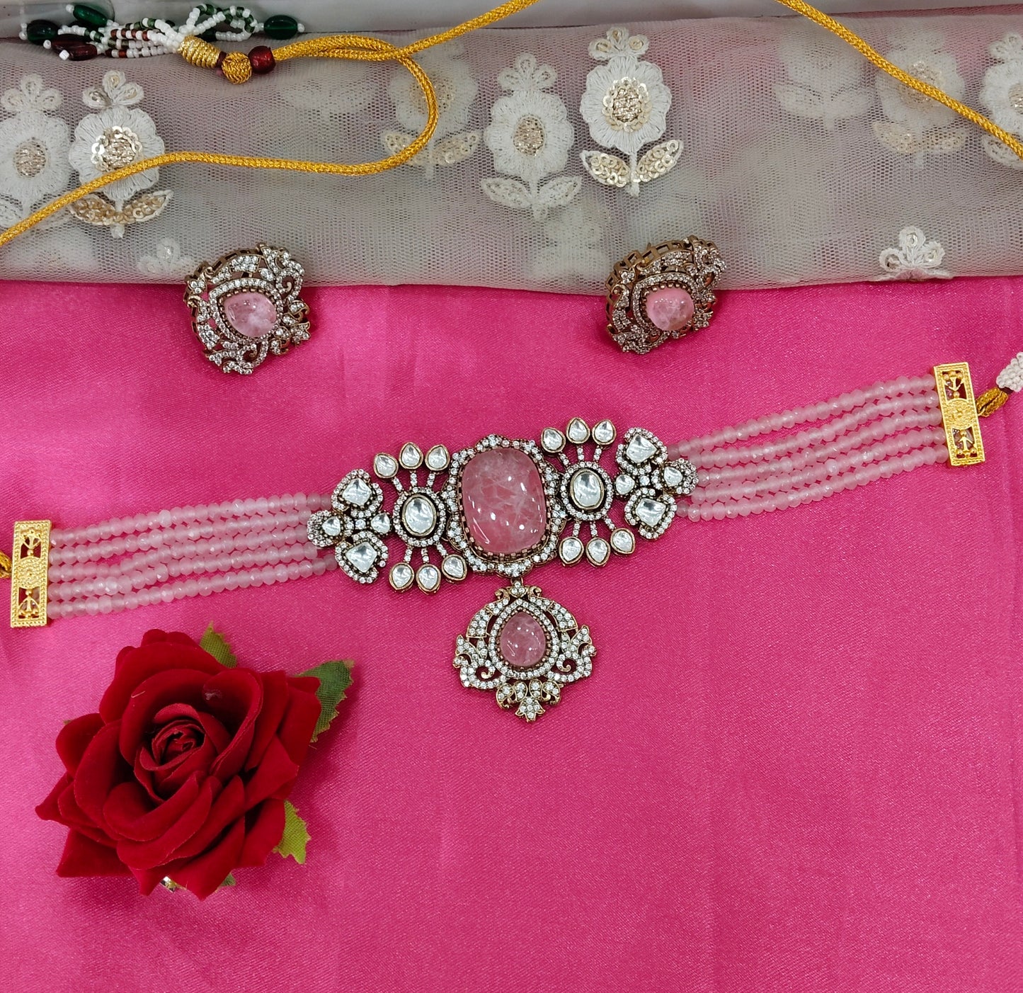 Pink Moissanite Kundan Choker Jewellery Sunita Set