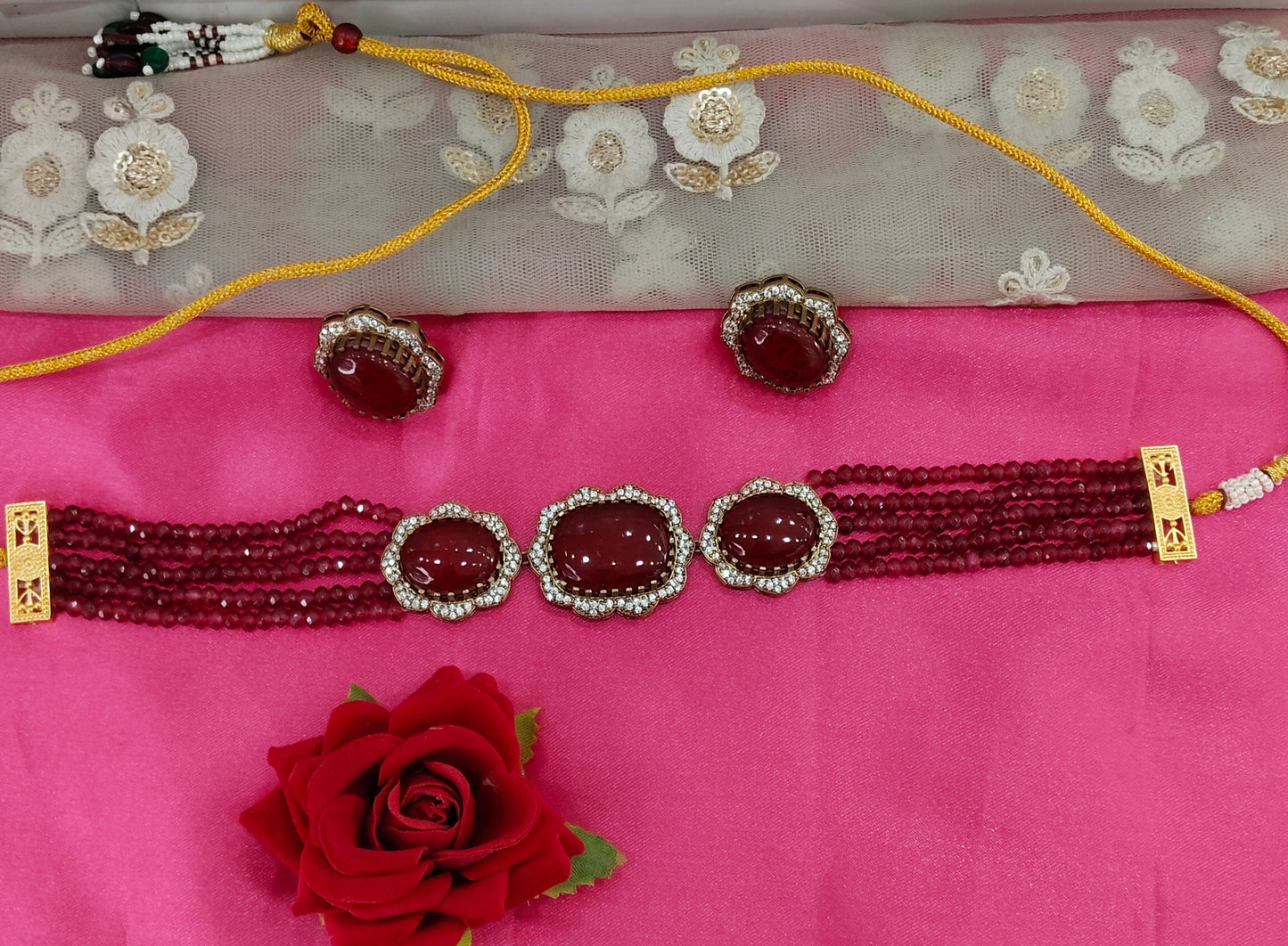 Maroon Moissanite Kundan Choker Jewellery Sunita Set