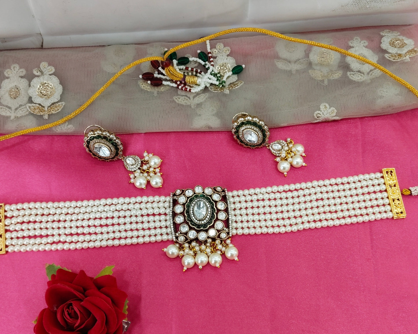 Green White Moissanite Kundan Choker Jewellery Sunita Set