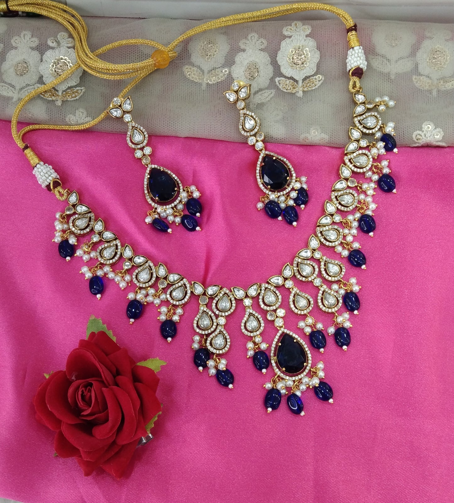 Blue Moissanite Kundan Necklace Jewellery Shweta Set