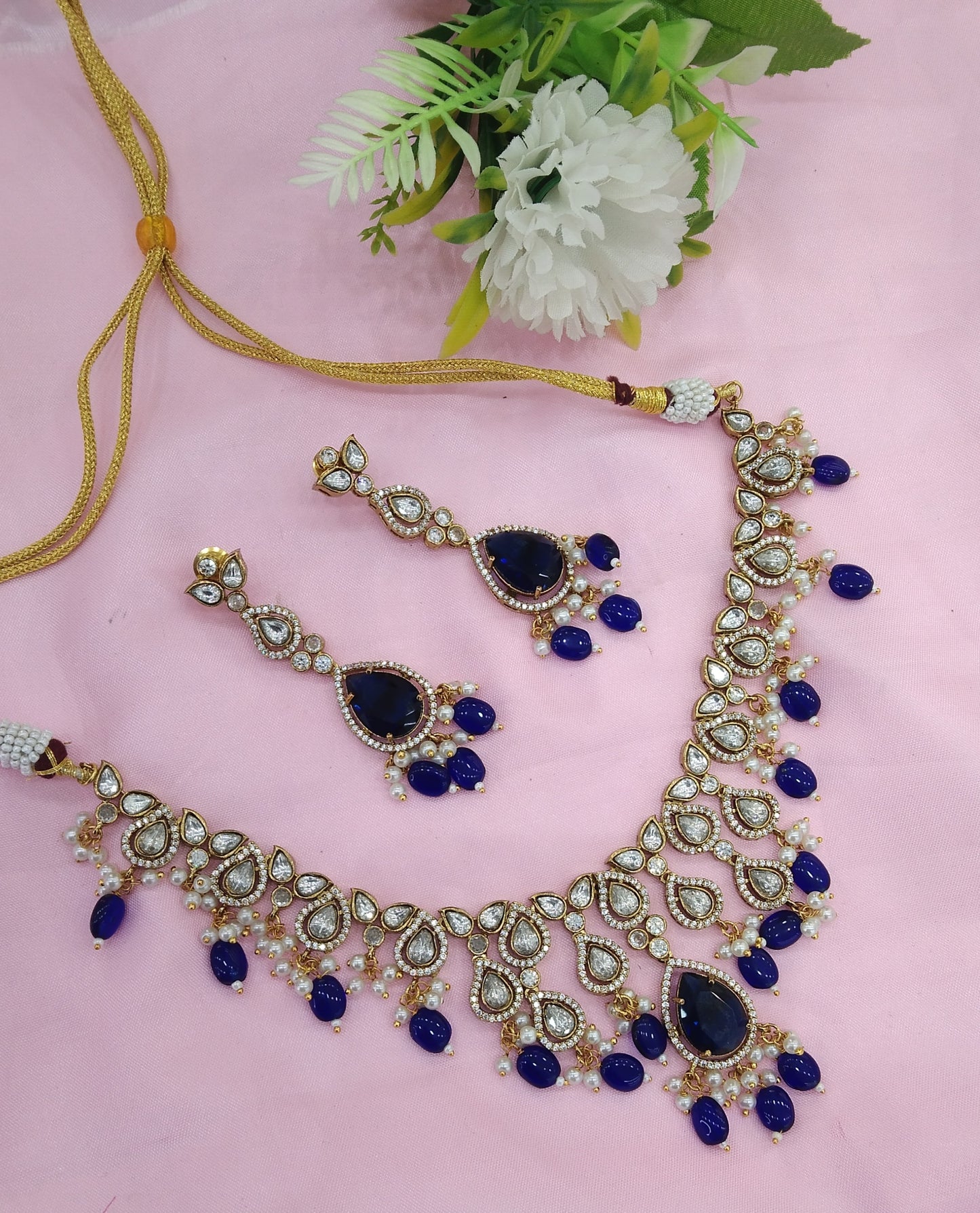 Blue Moissanite Kundan Necklace Jewellery Shweta Set