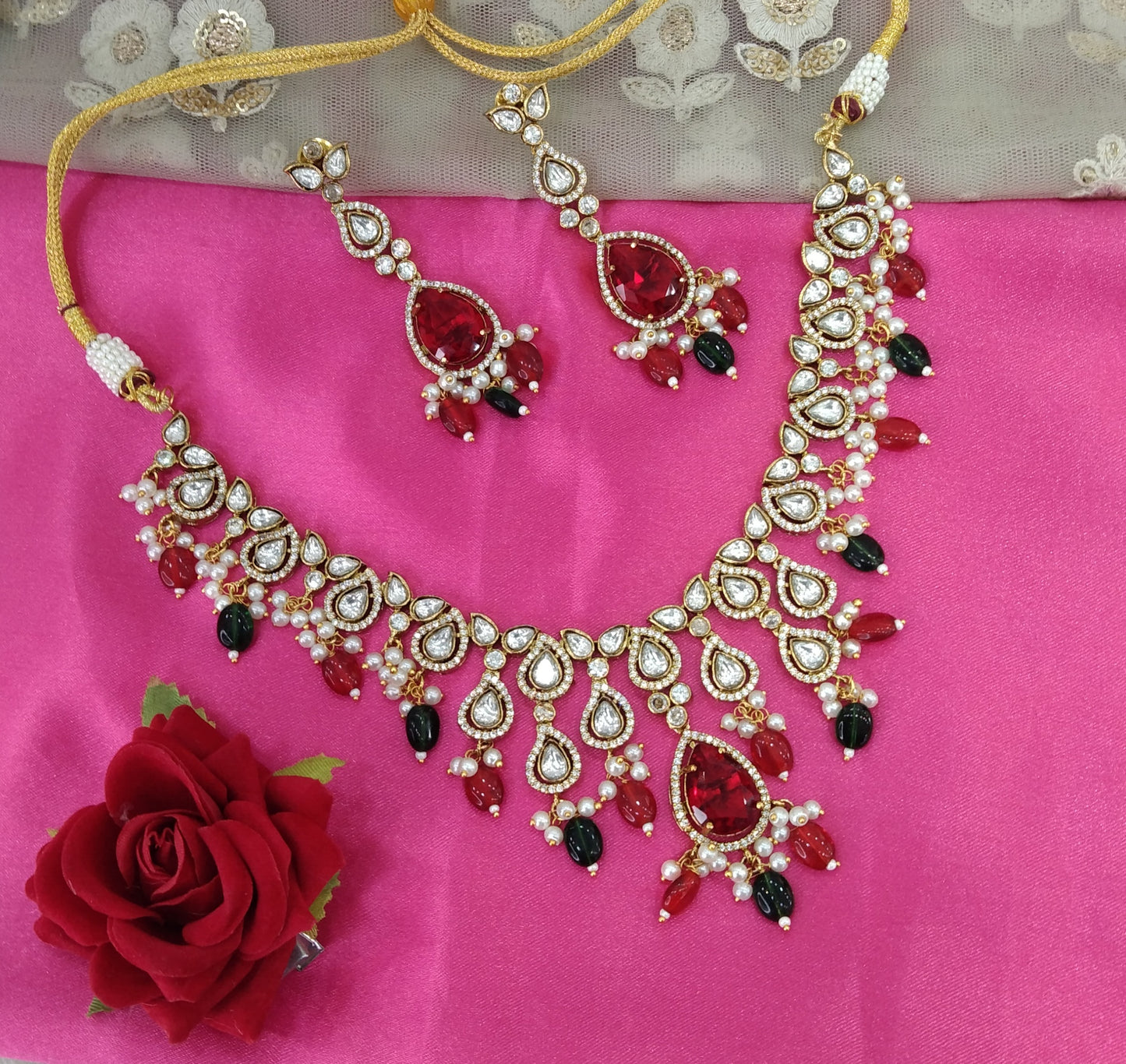 Ruby Green Moissanite Kundan Necklace Jewellery Shweta Set