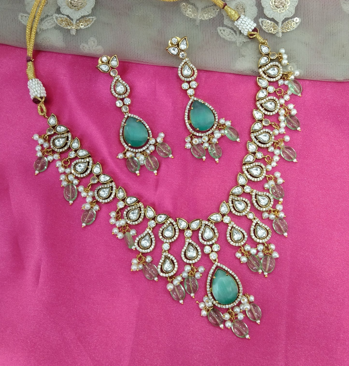 Sea Green Moissanite Kundan Necklace Jewellery Shweta Set