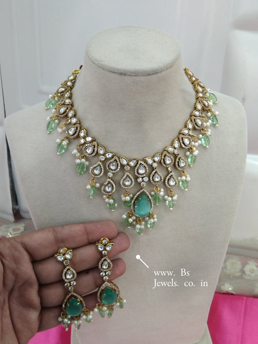 Sea Green Moissanite Kundan Necklace Jewellery Shweta Set