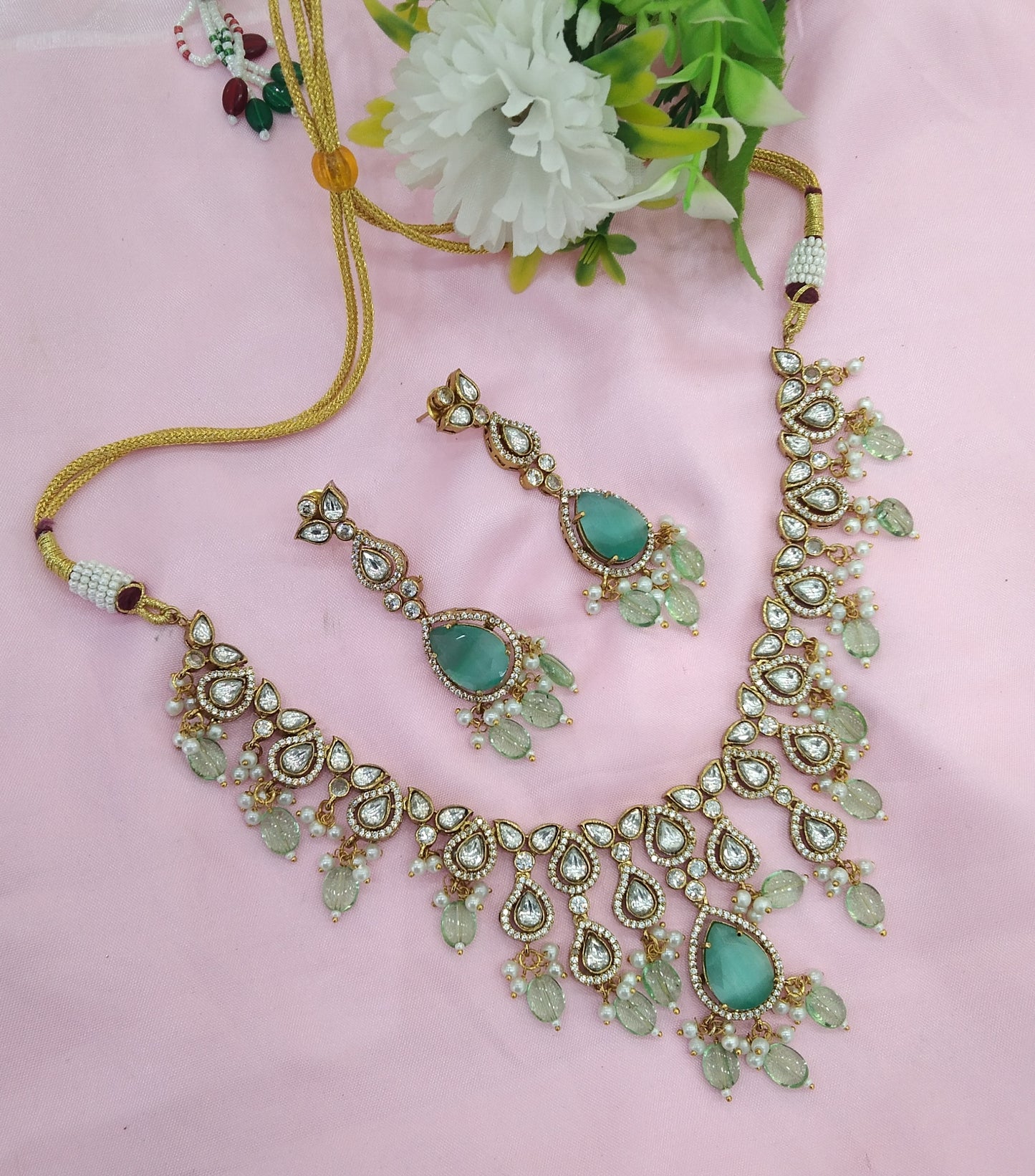 Sea Green Moissanite Kundan Necklace Jewellery Shweta Set