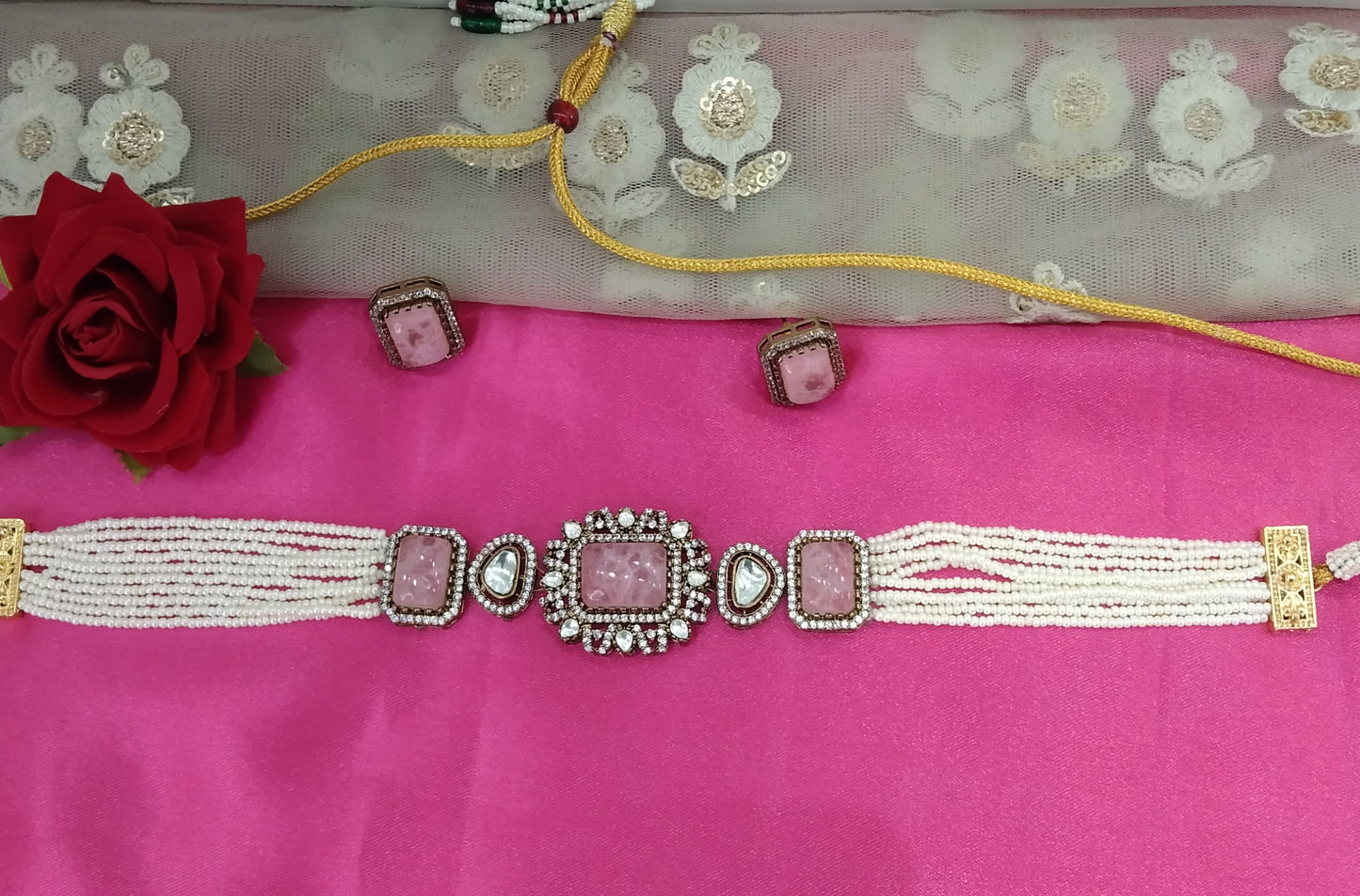 Pink Moissanite Kundan Victorian Choker Jewellery Sunita Set