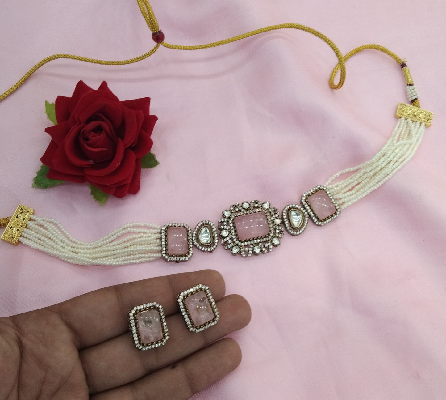 Pink Moissanite Kundan Victorian Choker Jewellery Sunita Set