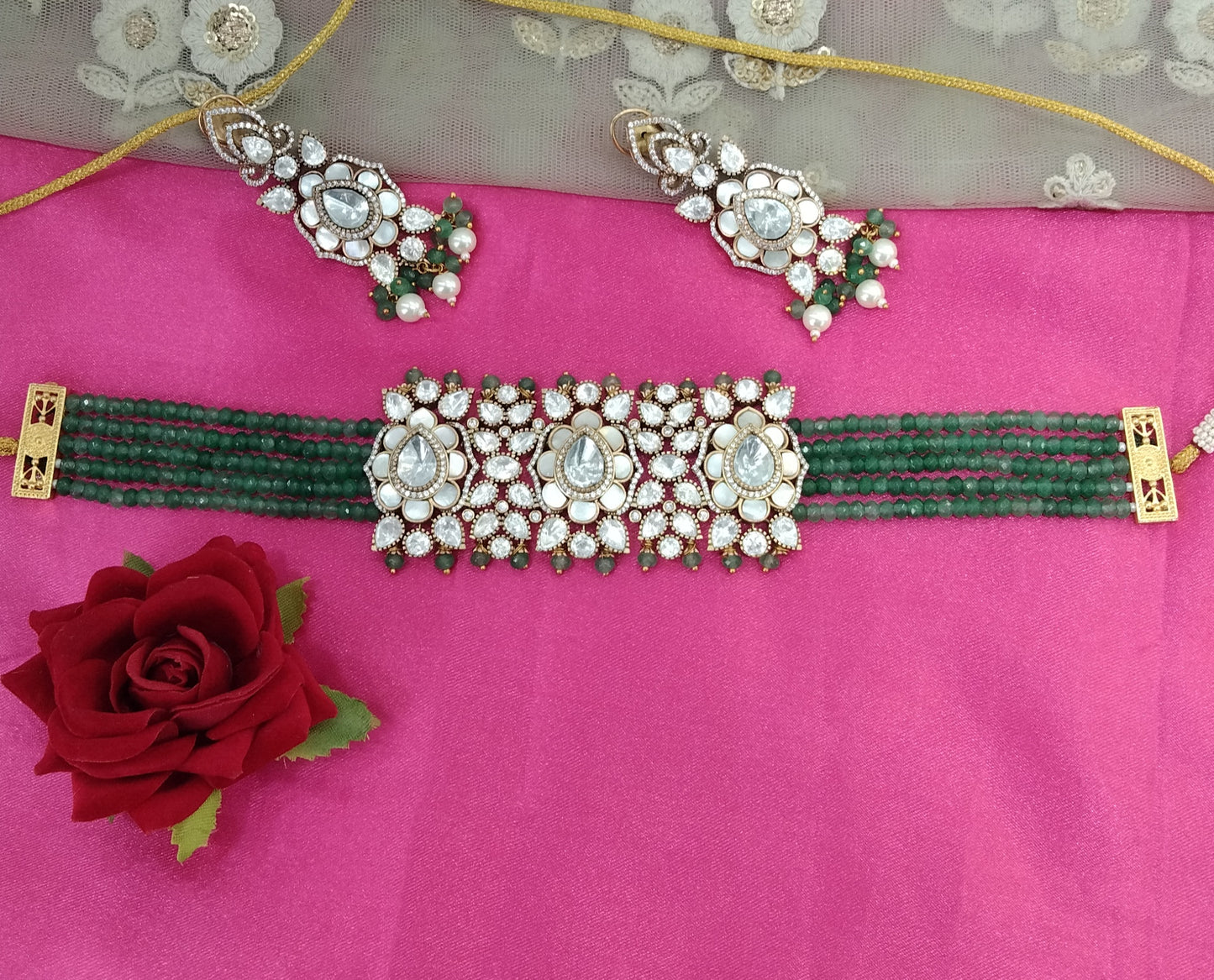 Sage Green Moissanite Kundan Mother Of Pearl Choker Jewellery Mohini Set
