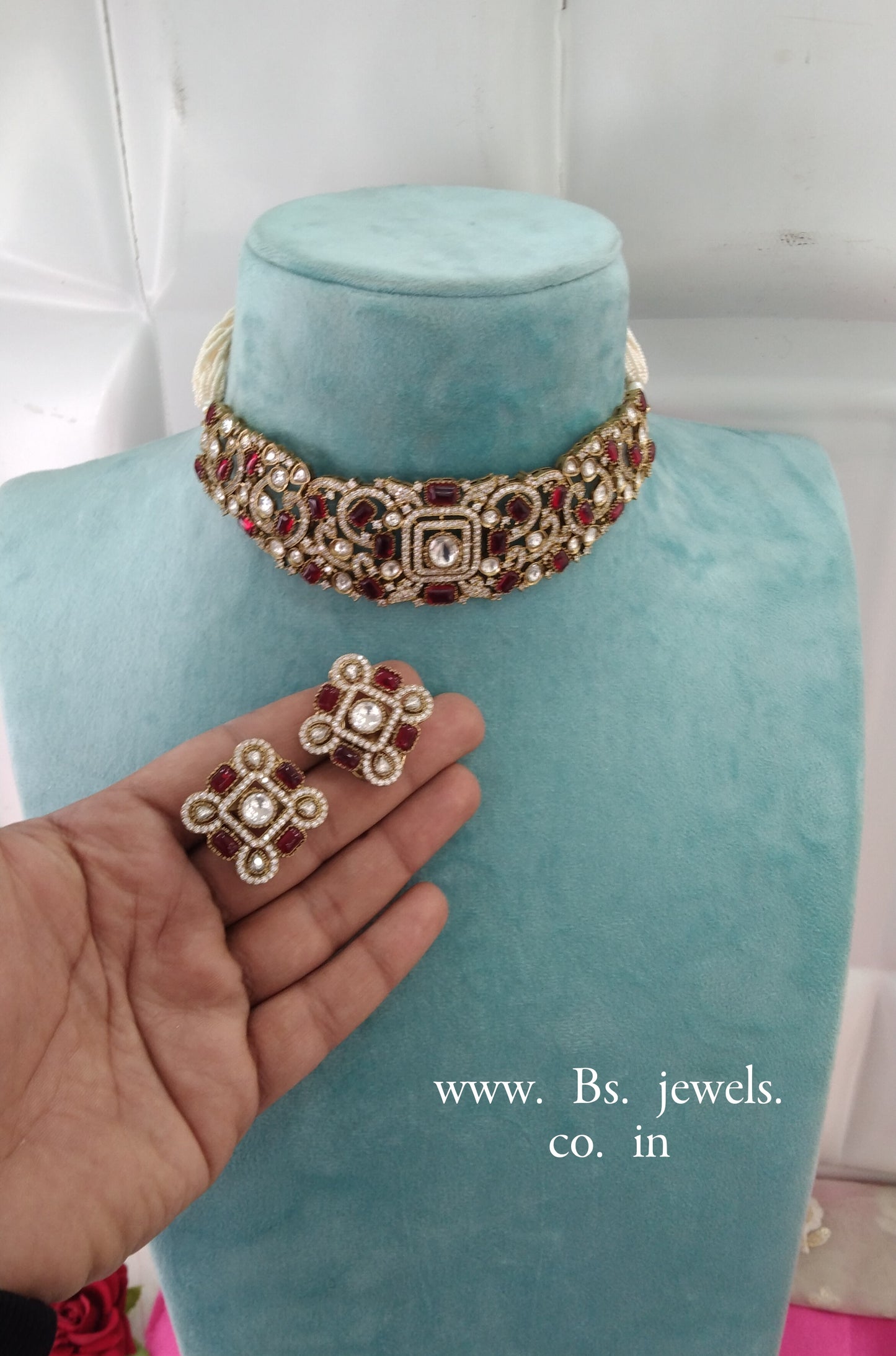 Maroon Moissanite Kundan Choker Jewellery Saniya Set