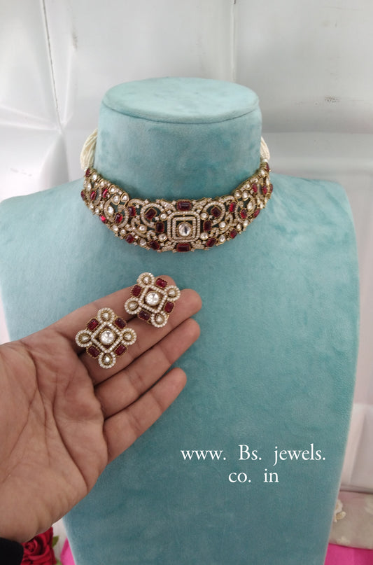 Maroon Moissanite Kundan Choker Jewellery Saniya Set