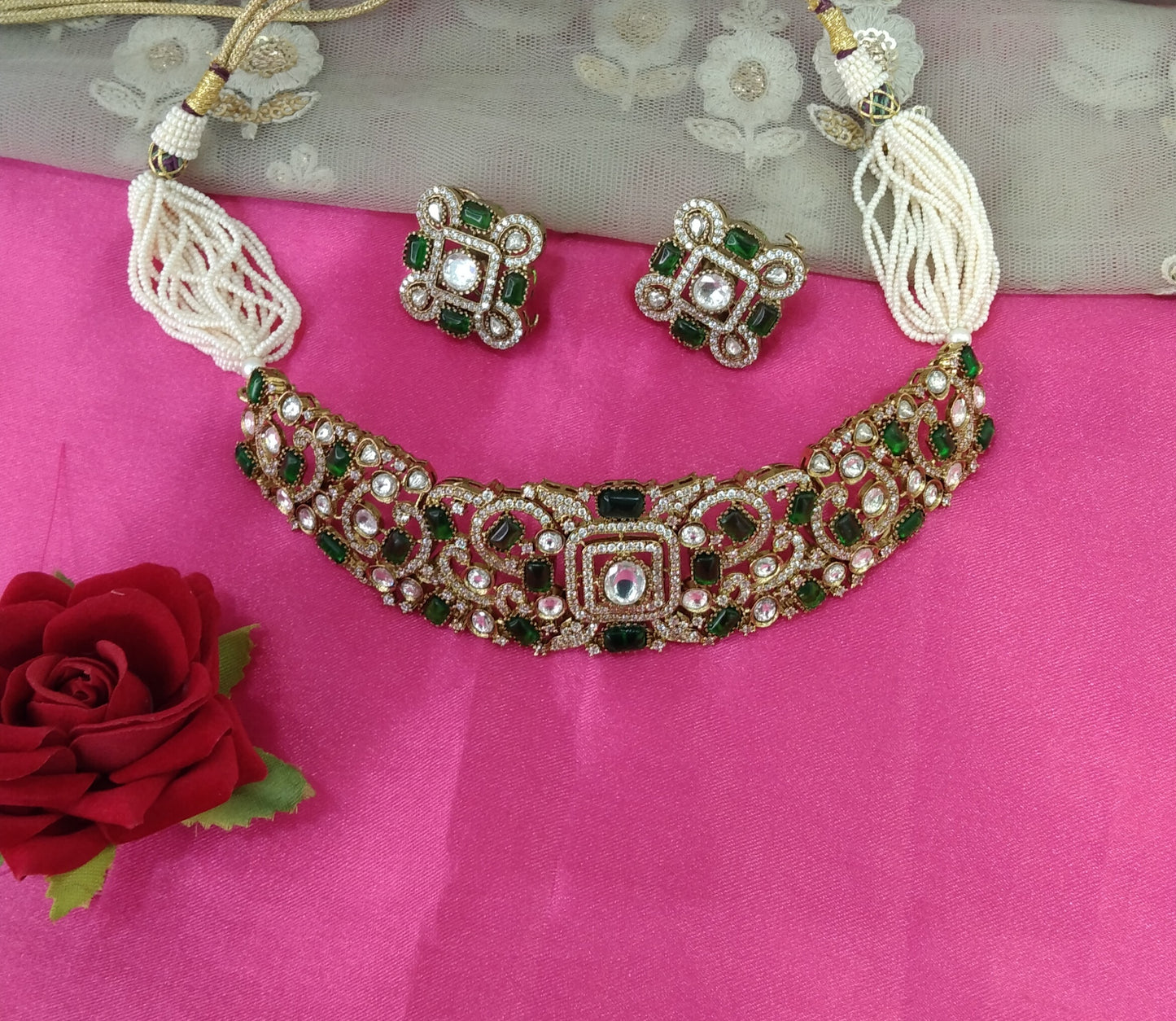 Green Moissanite Kundan Choker Jewellery Saniya Set
