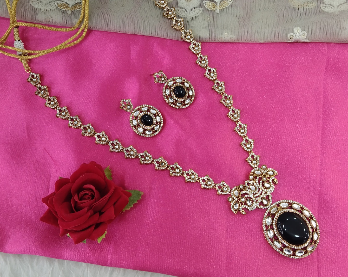 Black Moissanite Kundan Long Ranihaar Necklace Jewellery Sunita Set