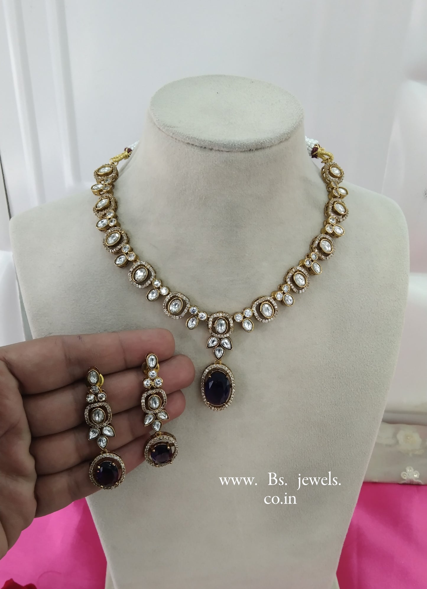 Blue Moissanite Kundan Necklace Jewellery Shweta Set