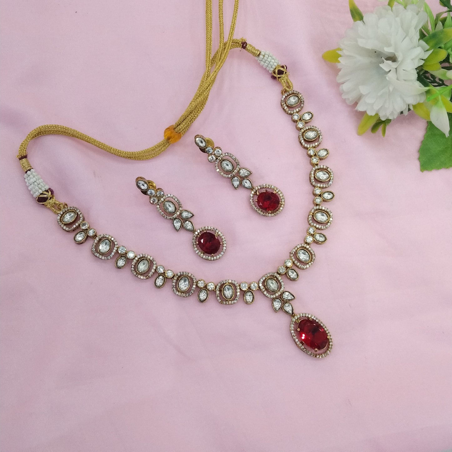Maroon Moissanite Kundan Necklace Jewellery Shweta Set