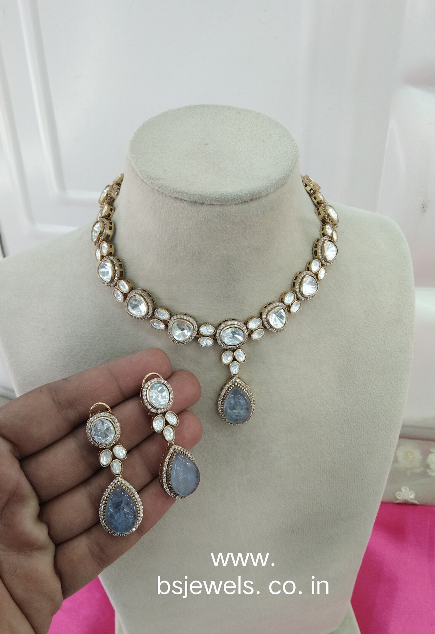 Grey Moissanite Kundan Necklace Jewellery Shweta Set