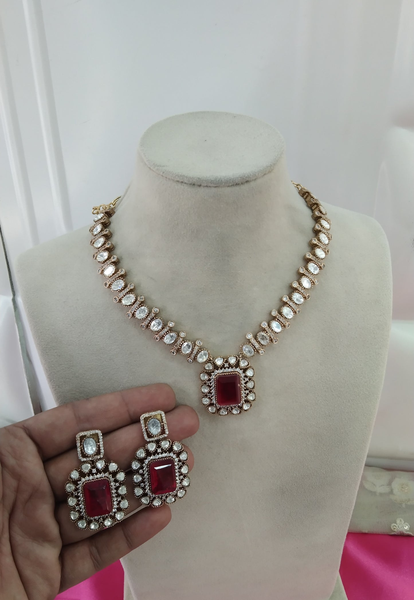 Maroon Moissanite Kundan Necklace Jewellery Shweta Set