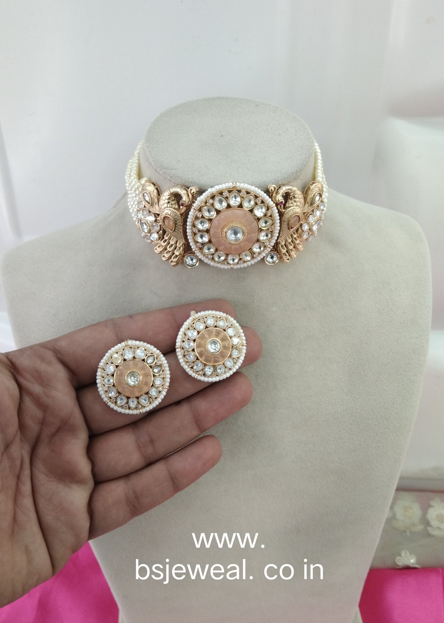 Peach Moissanite Kundan Choker Jewellery Shweta Set
