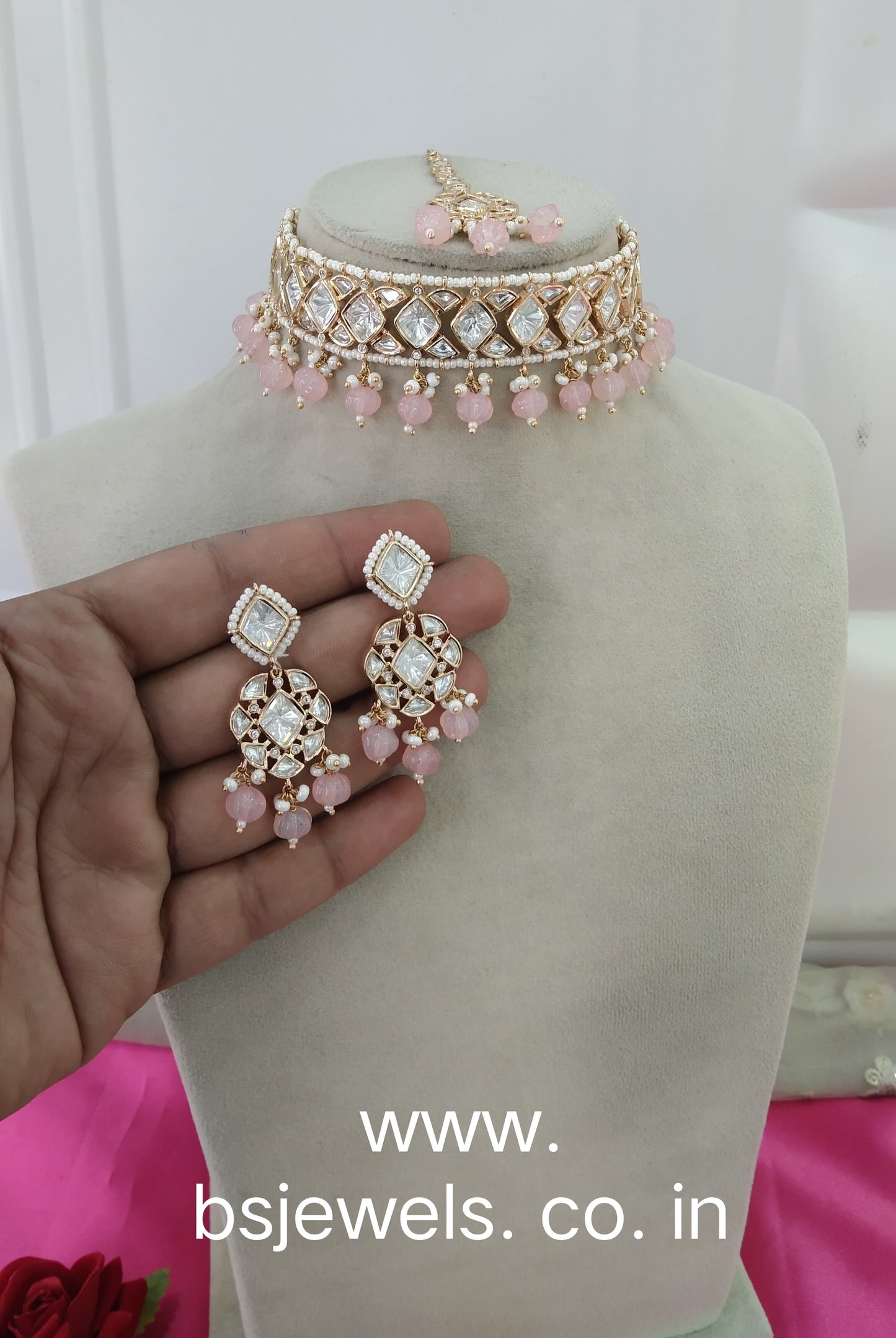 Pink Moissanite Kundan Choker Jewellery Sunita Set