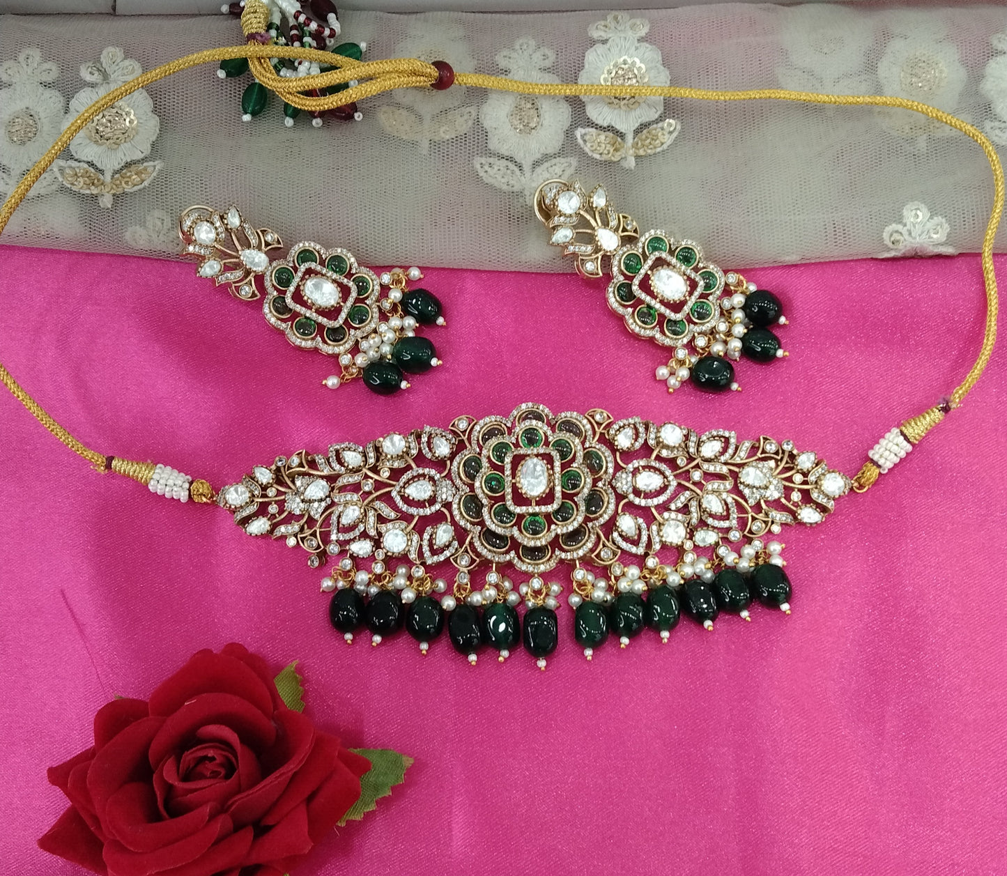 Green Moissanite Kundan Choker Jewellery Shweta Set