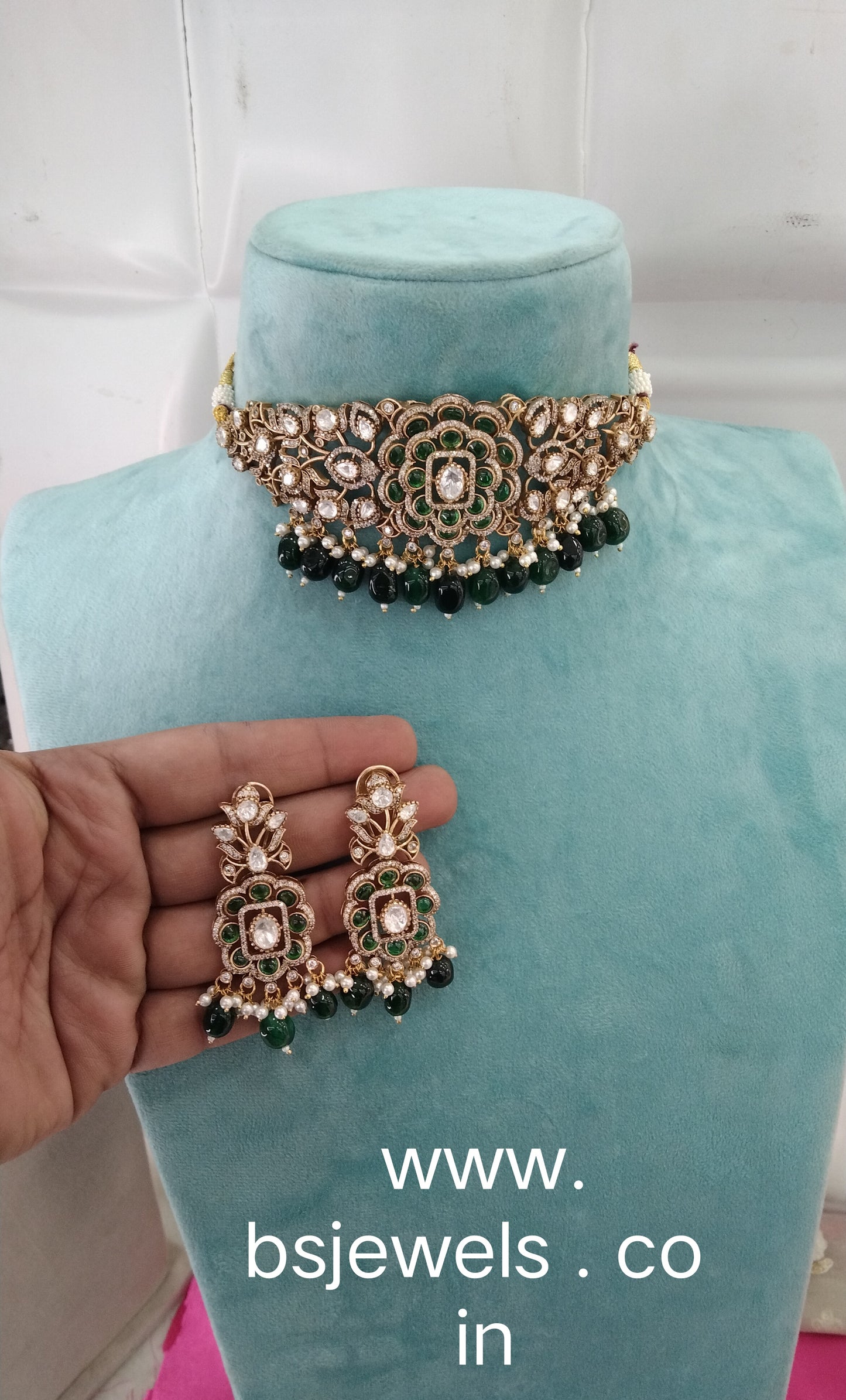 Green Moissanite Kundan Choker Jewellery Shweta Set