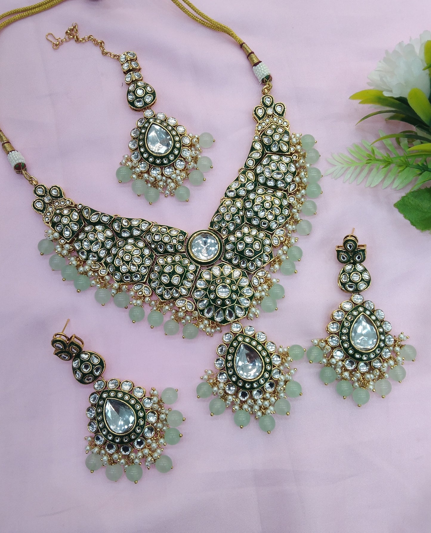 Pista Kundan Necklace Jewellery Like Set