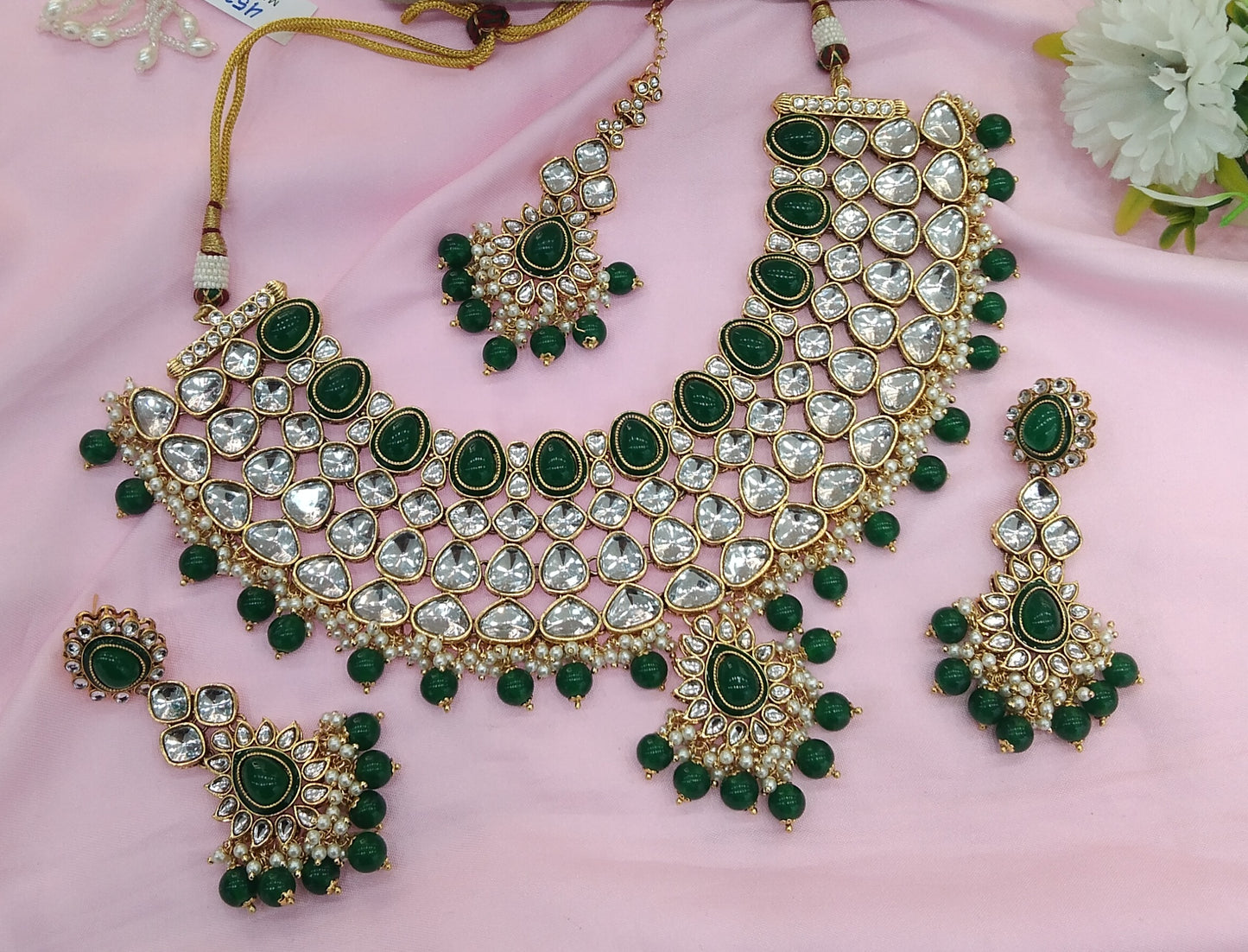 Green Kundan Necklace Jewellery Lite Set