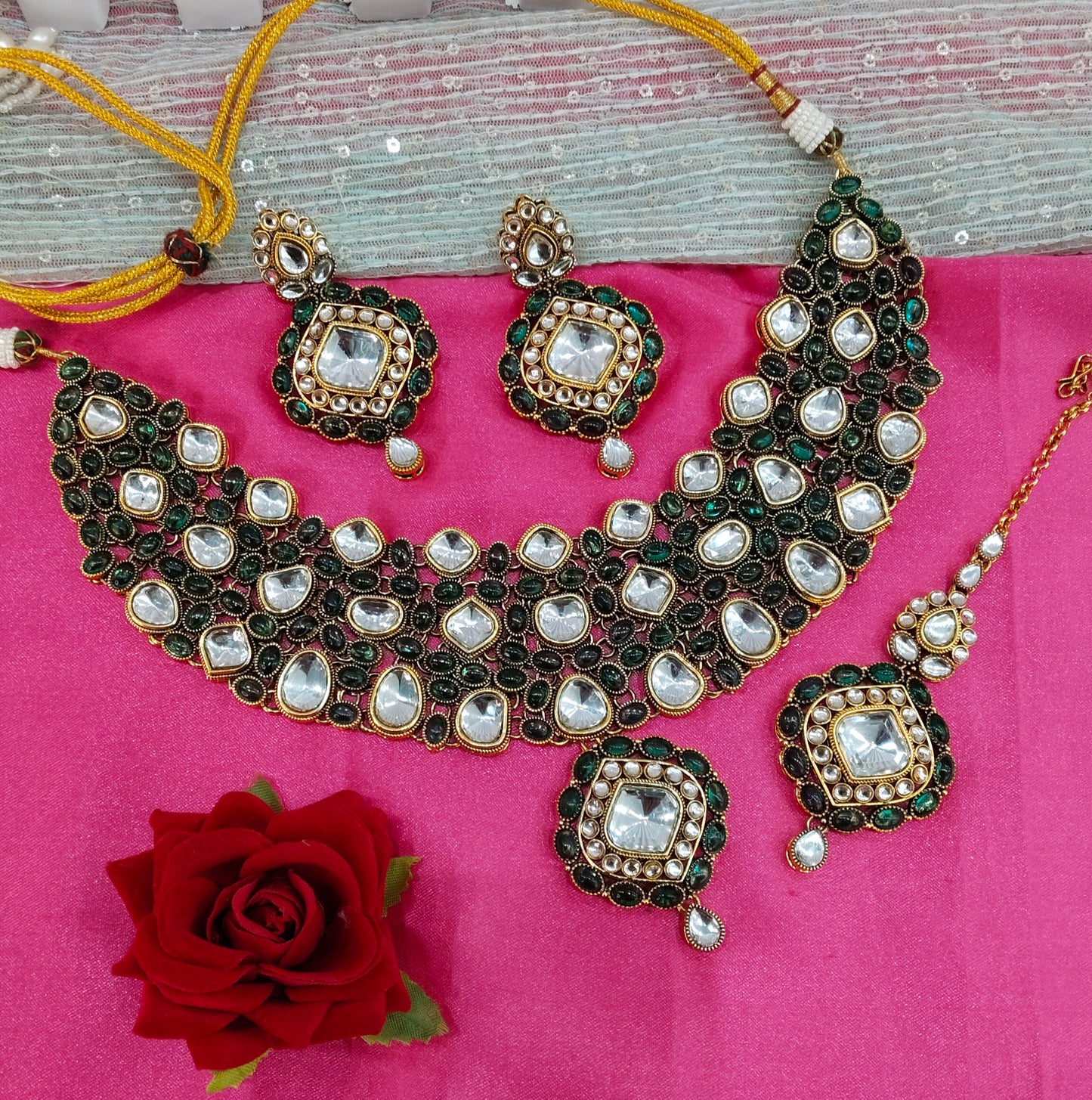 Light Green Majenta Kundan Necklace Jewellery Life Set