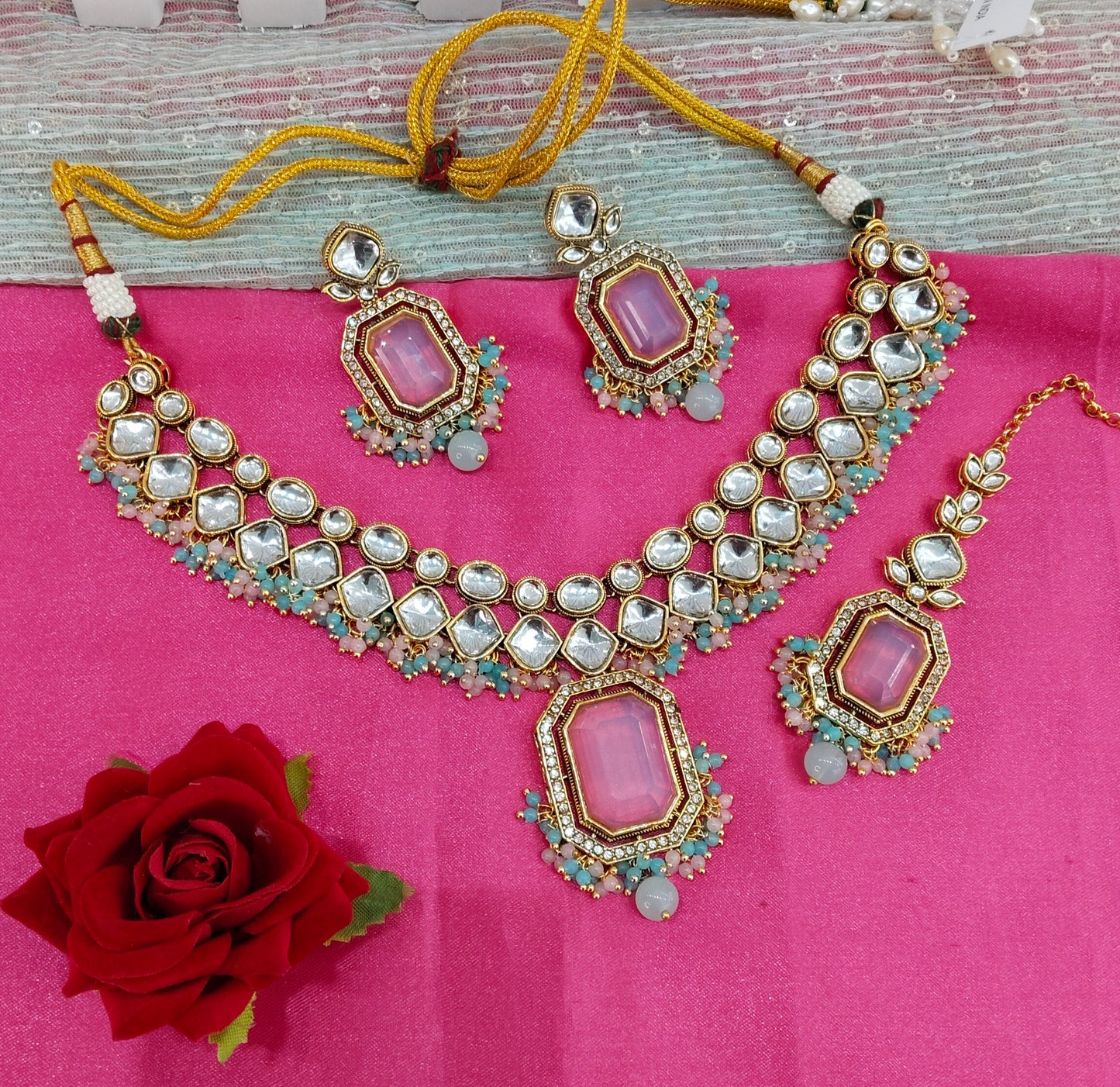 Sea Green Pink Kundan Necklace Jewellery Legend Set