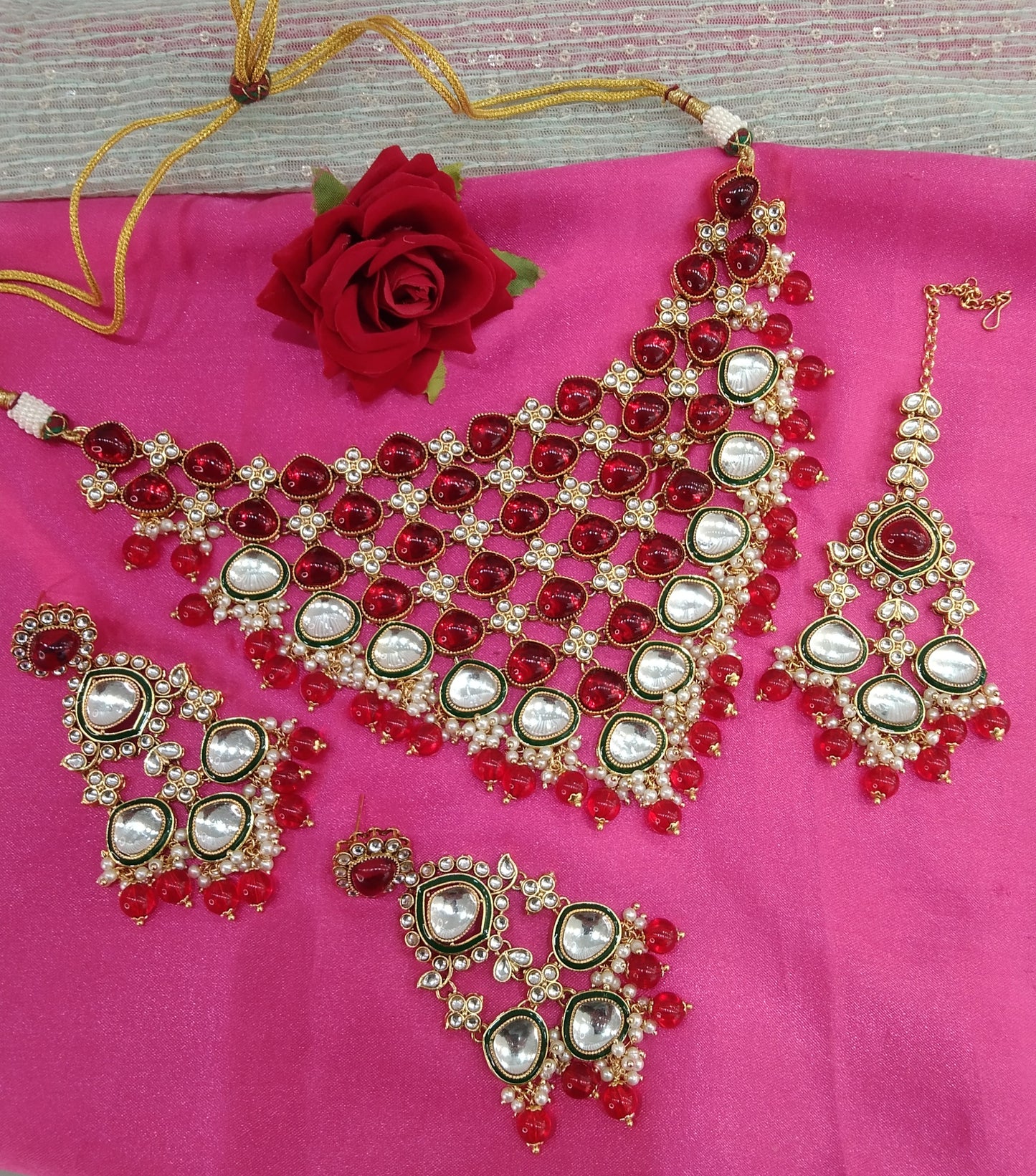 Red Kundan Necklace Jewellery Land Set