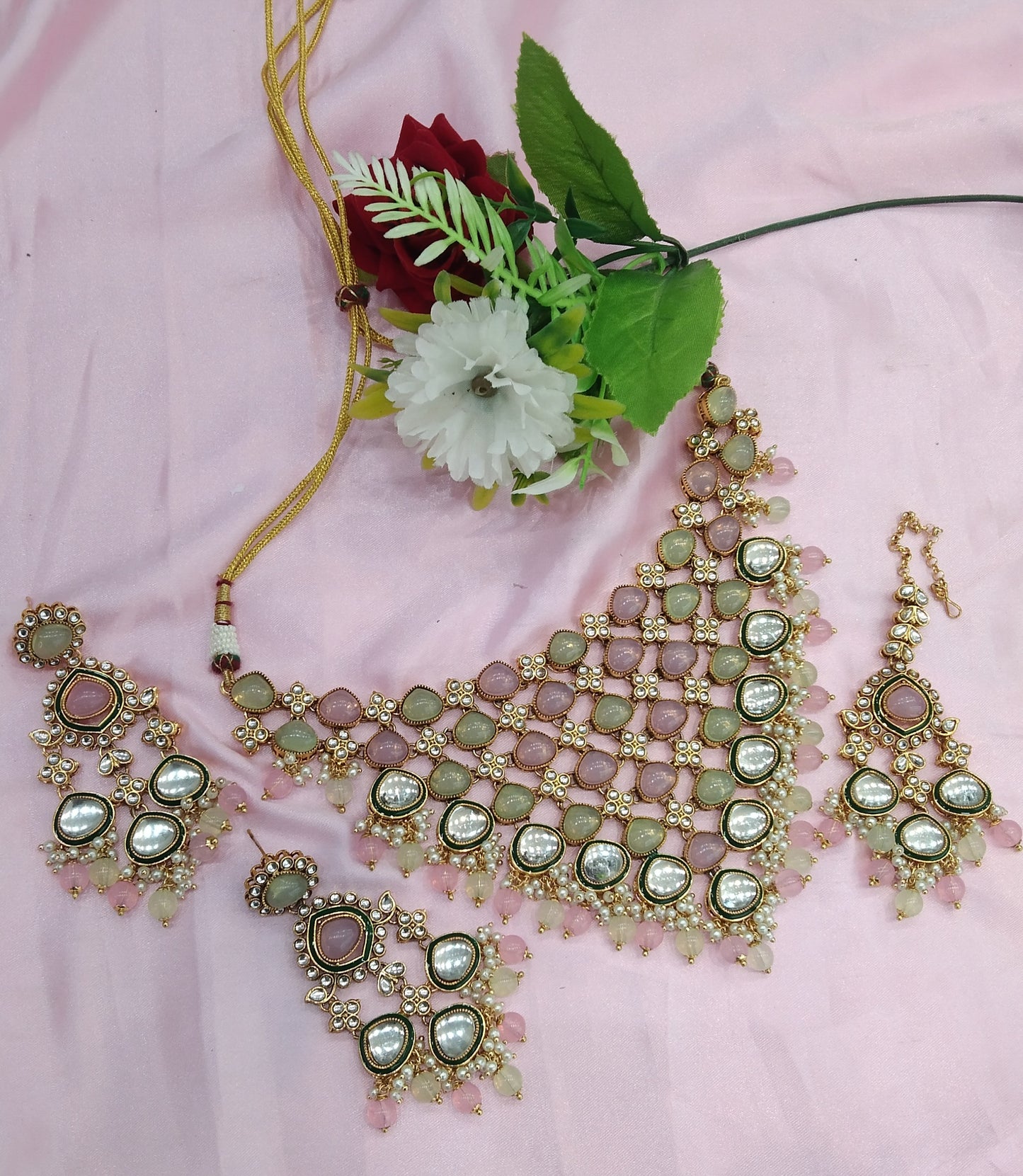 Mint Pick Kundan Necklace Jewellery Land Set