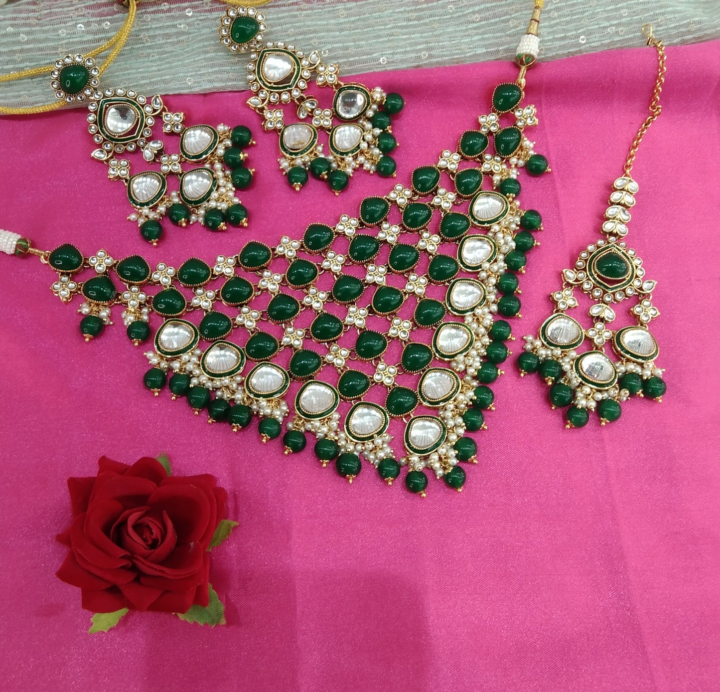 Green Kundan Necklace Jewellery Land Set