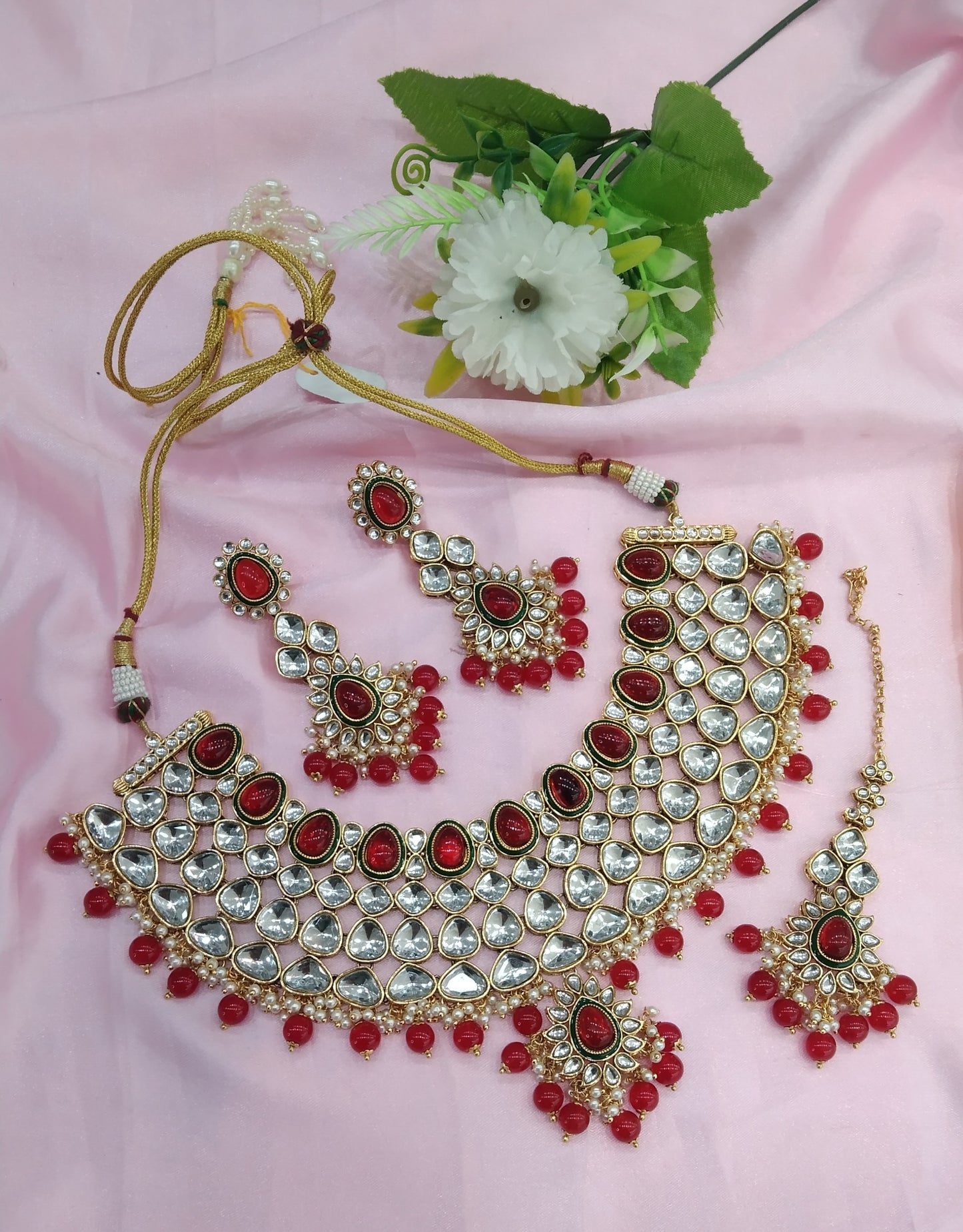 Red Kundan Necklace Jewellery Lite Set