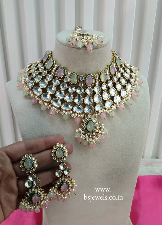 Mint Pink Kundan Necklace Jewellery Lite Set