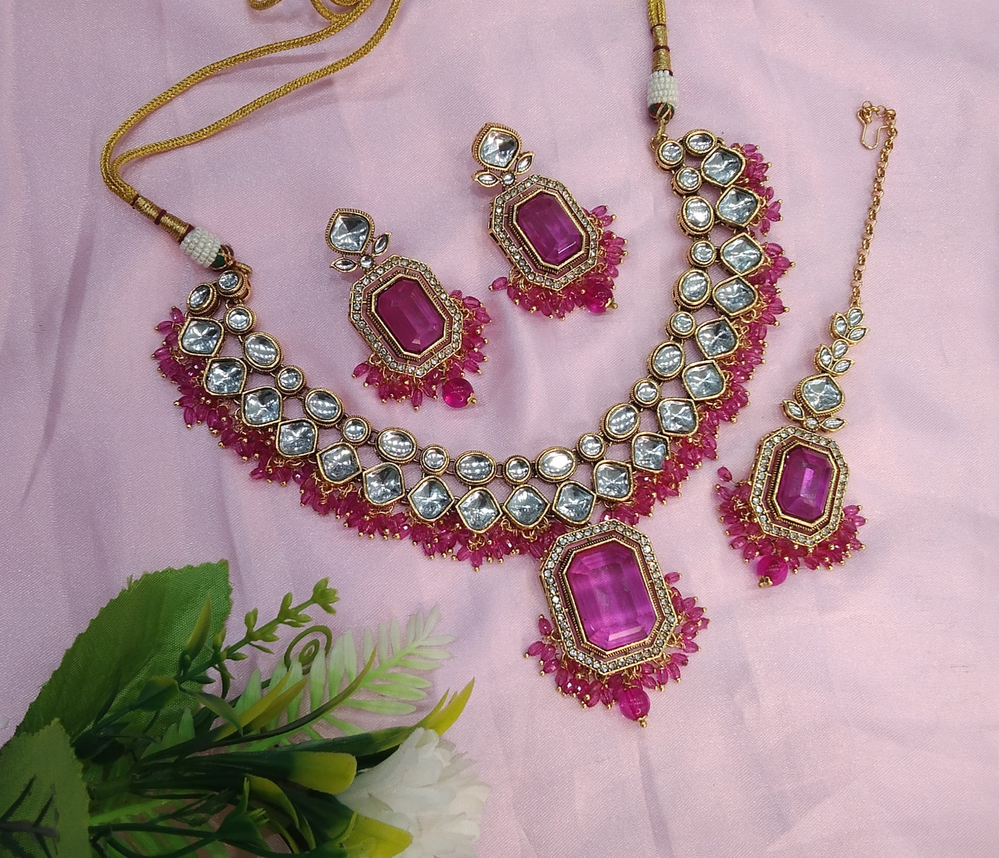 Rani Pink Kundan Necklace Jewellery Legend Set