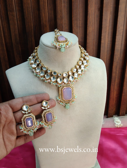 Mint Pink Kundan Necklace Jewellery Legend Set