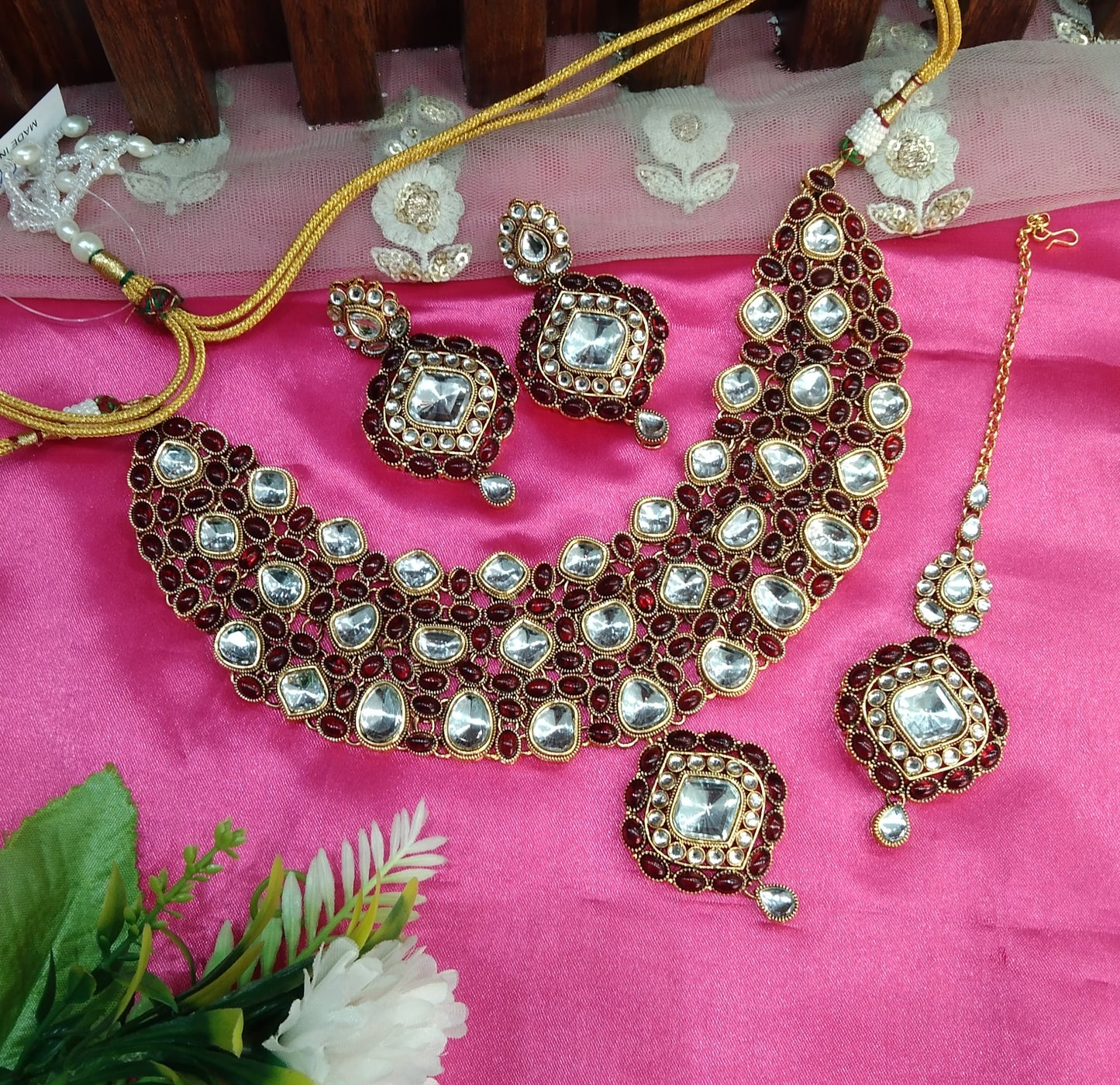 Maroon Kundan Necklace Jewellery Life Set