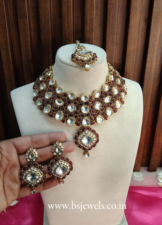 Maroon Kundan Necklace Jewellery Life Set