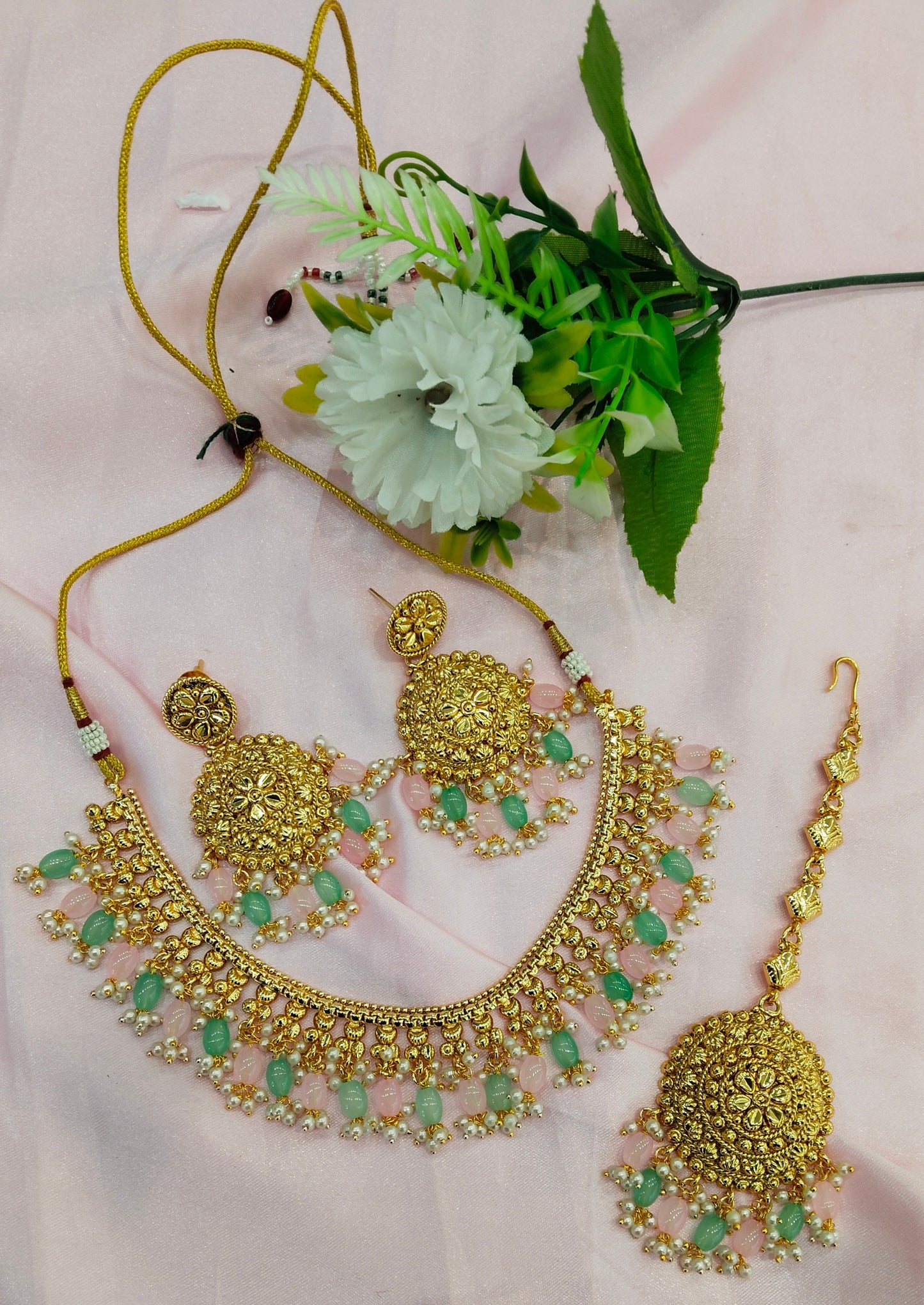 Mint Pink Gold Look Punjabi Style Necklace Jewellery Asha Set