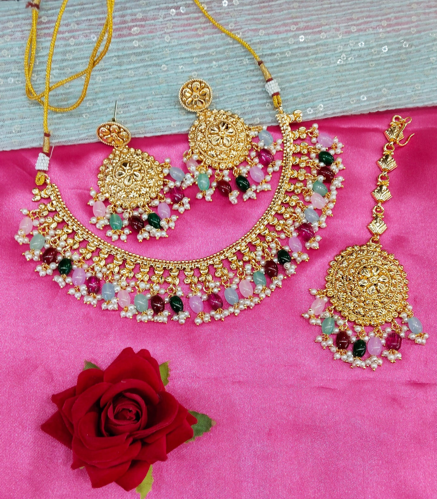 Multi Colour Gold Look Punjabi Style Necklace Jewellery Asha Set