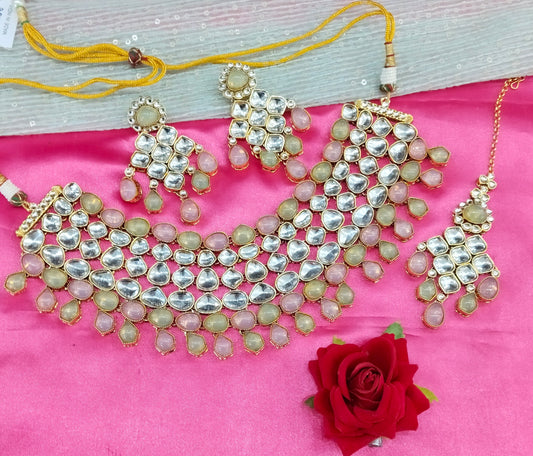 Mint Pink Kundan Necklace Jewellery Lucky Set