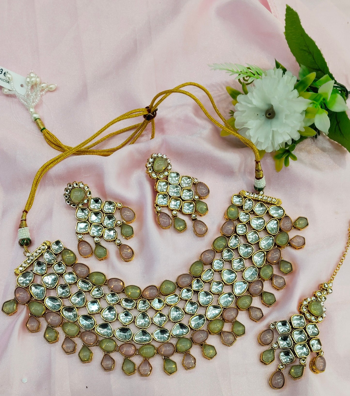 Mint Pink Kundan Necklace Jewellery Lucky Set