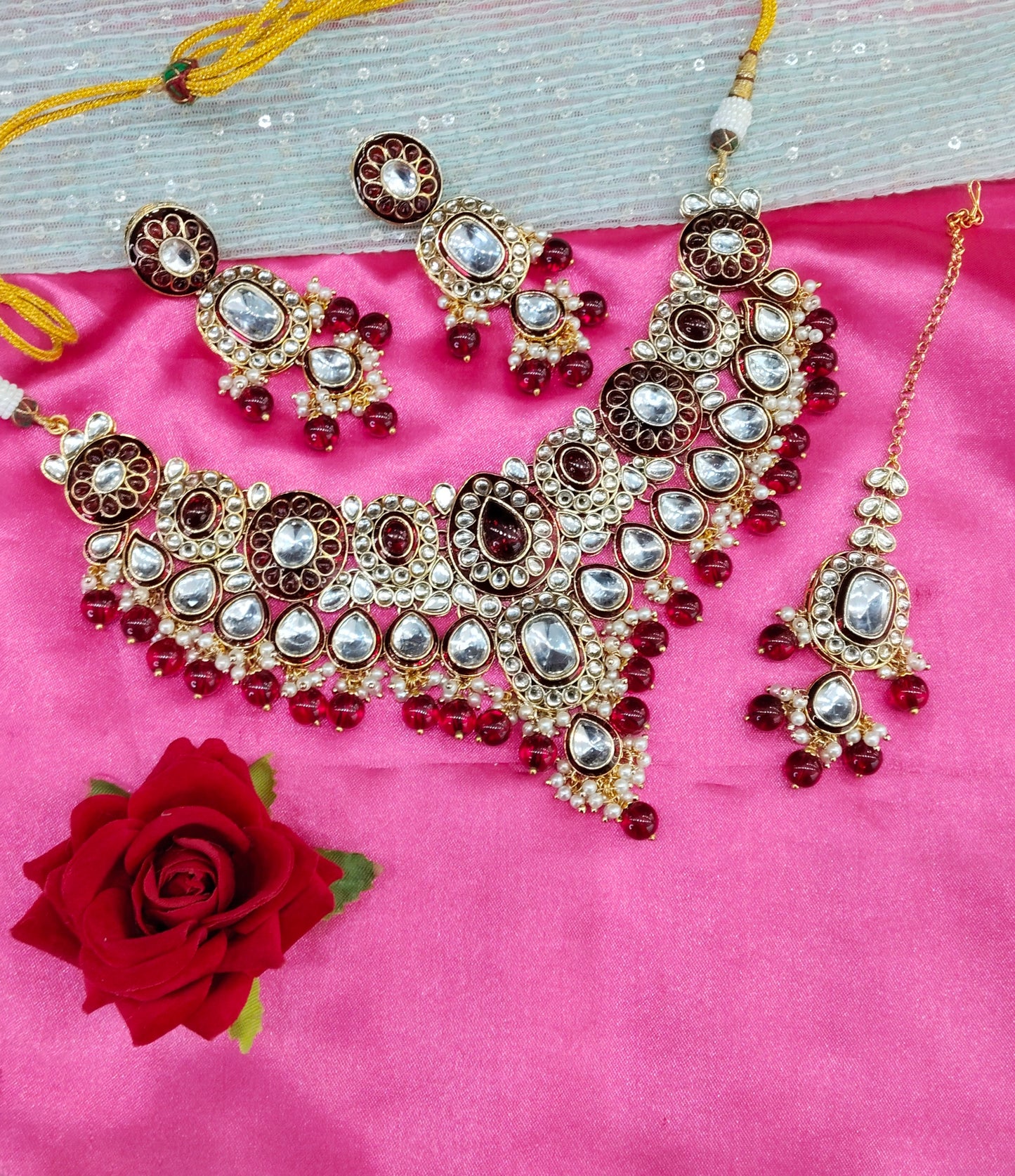 Maroon Meenakari Kundan Necklace Jewellery Aman Set