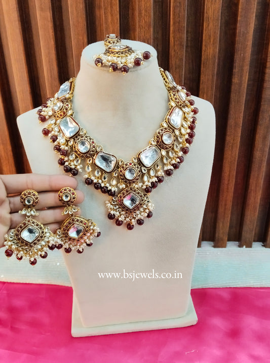 Maroon Kundan Necklace Jewellery Letter Set