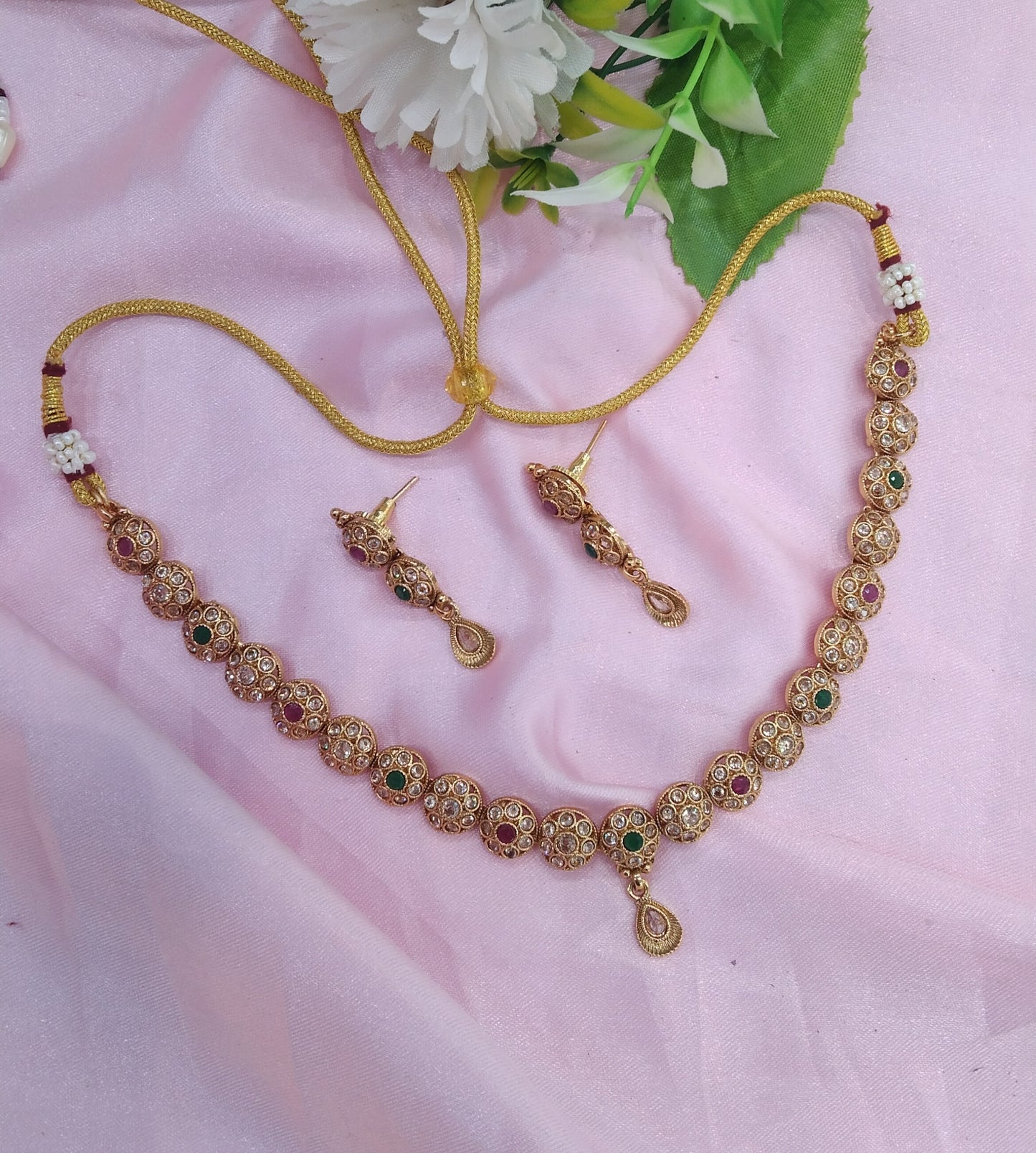 Ruby Green Gold Polki Necklace Jewellery Delta Set