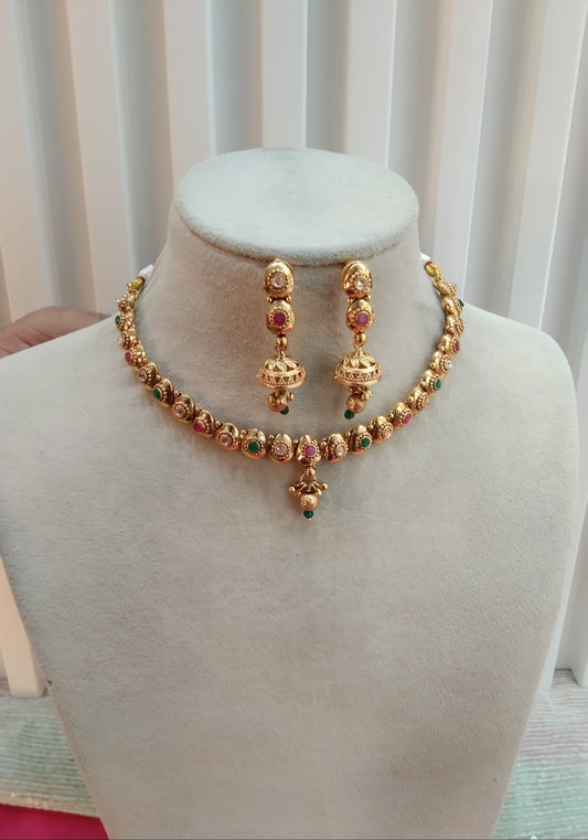 Ruby Green Gold Polki Jhumki Necklace Jewellery Delta Set