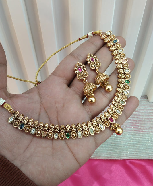 Multi Color Gold Polki Jhumki Necklace Jewellery Delta Set
