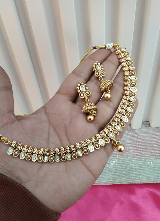 Gold Polki Jhumki Necklace Jewellery Delta Set