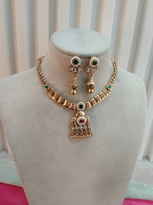 Ruby Green Gold Polki Jhumki Necklace Jewellery Delta Set