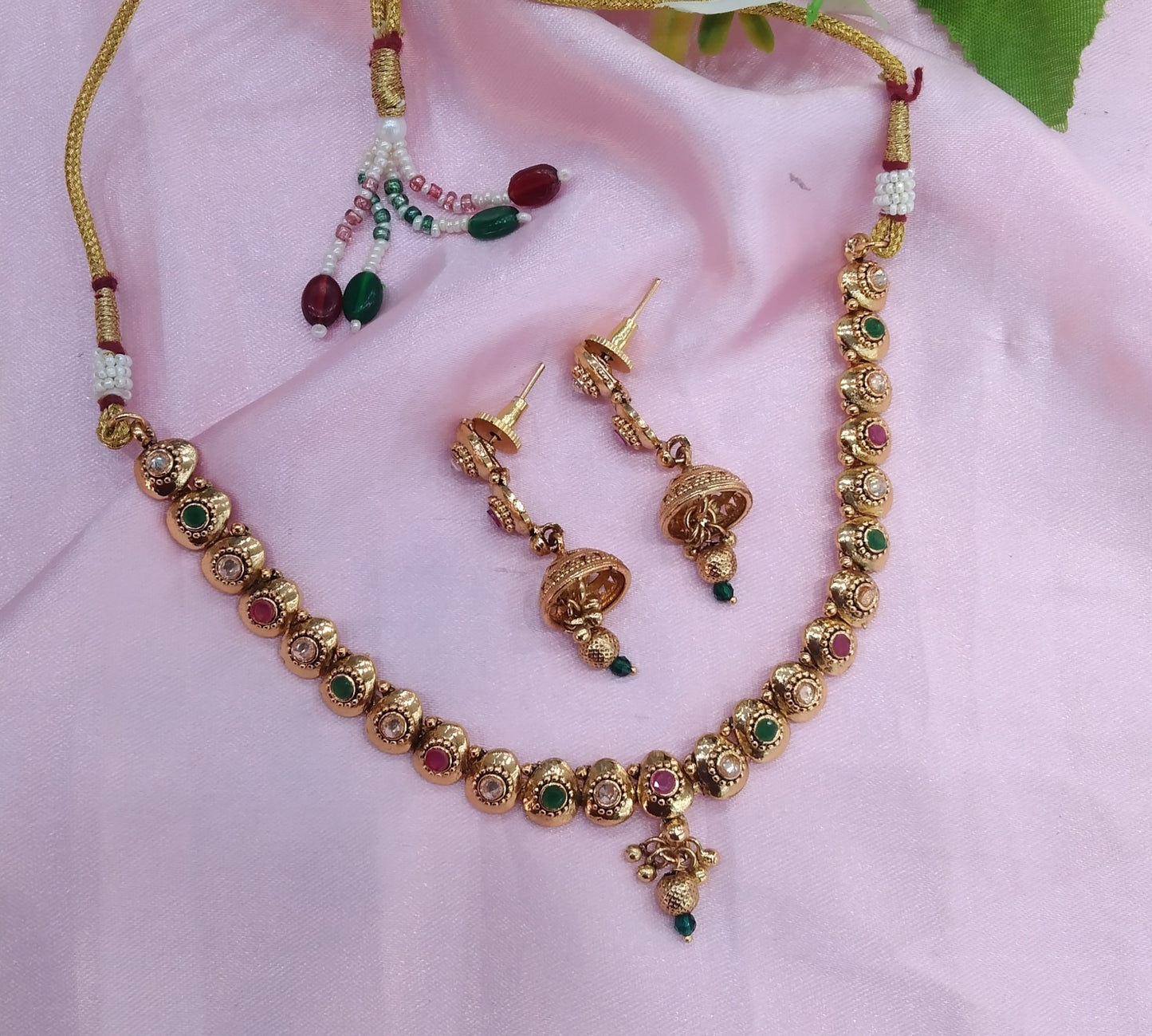Ruby Green Gold Polki Jhumki Necklace Jewellery Delta Set